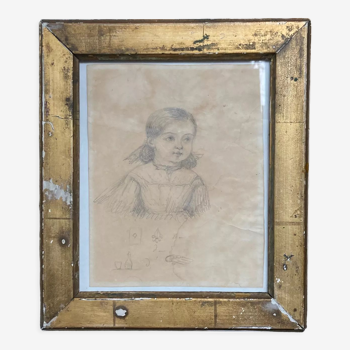Pencil drawing of Mme de Wouters as a little girl, framed