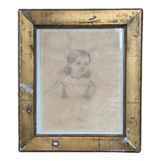 Pencil drawing of Madame de Wouters as a little girl, framed