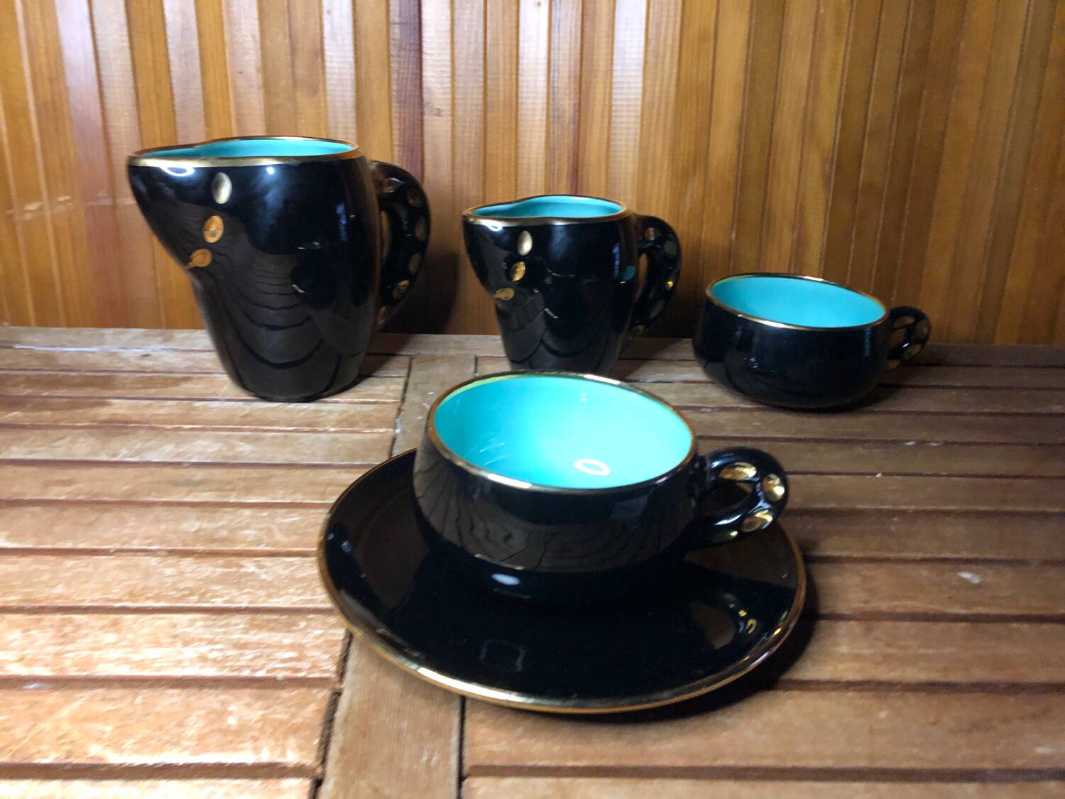 Old magdalith breakfast service black & blue ceramic vintage #a517
