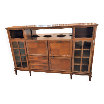 Wooden sideboard with 5 doors and 3 drawers, 2 glass doors.