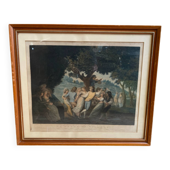 Old engraving a. chaponnier the village dance paris + wooden frame #b543