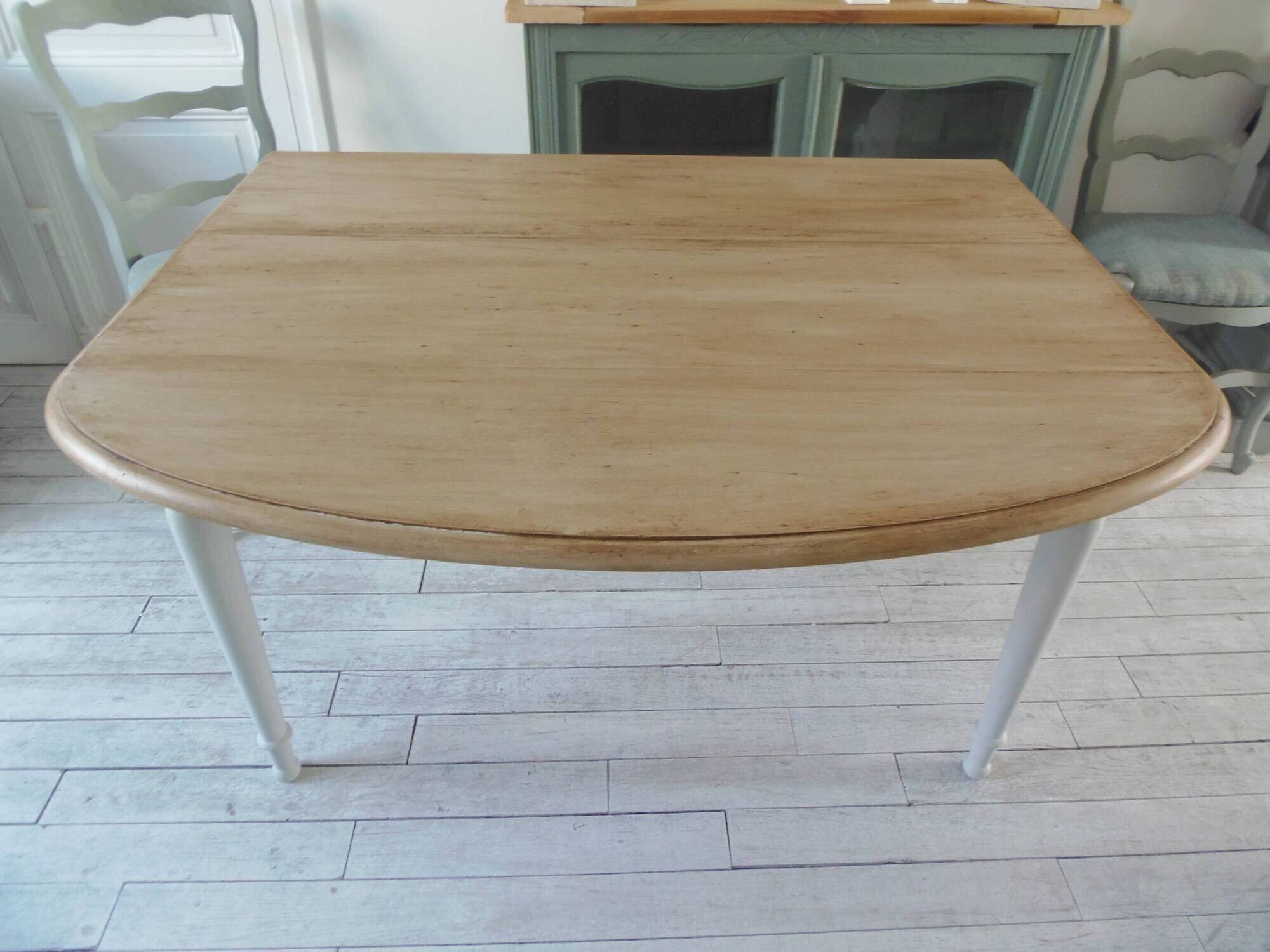 Flap table, pearl gray patinated base, medium oak waxed top.