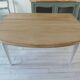 Flap table, pearl gray patinated base, medium oak waxed top.
