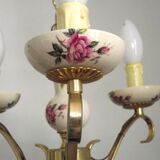 french vintage 3 light porcelain with rose decoration & gold metal chandelier cream shades