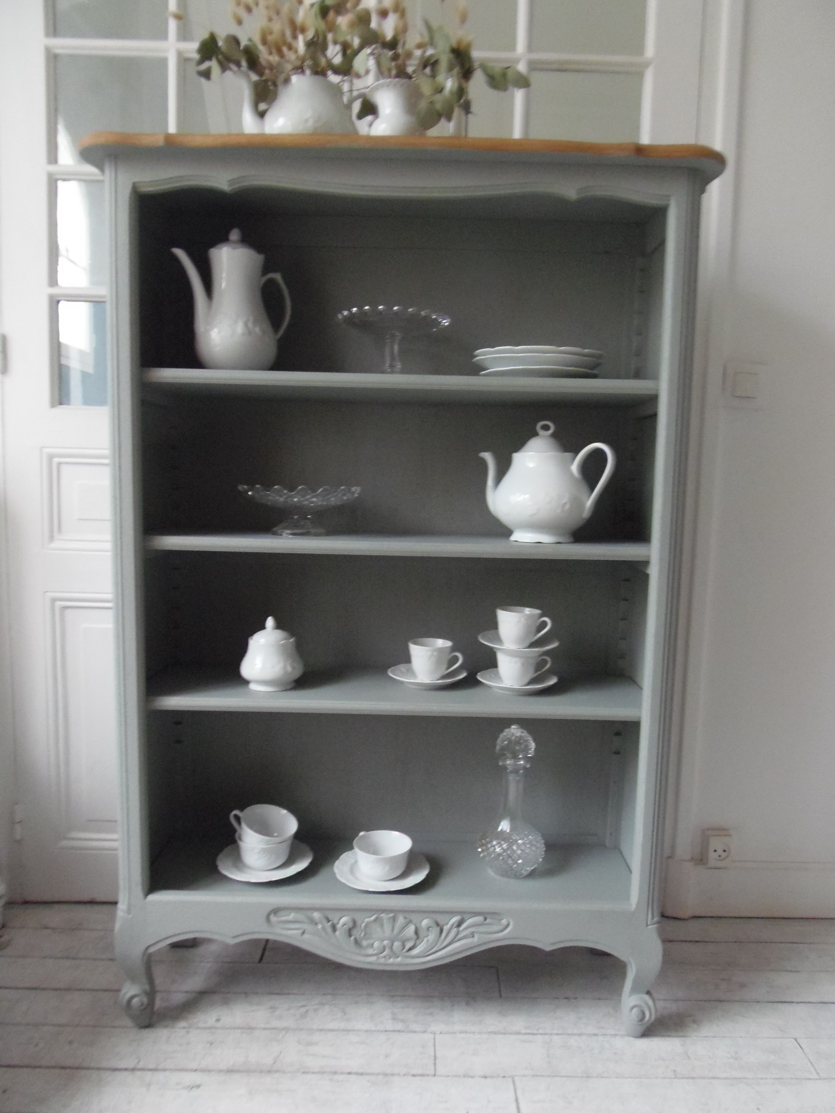 Louis XV style bookcase, green gray with 3 adjustable shelves, wooden tray.