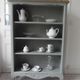 Louis XV style bookcase, green gray with 3 adjustable shelves, wooden tray.