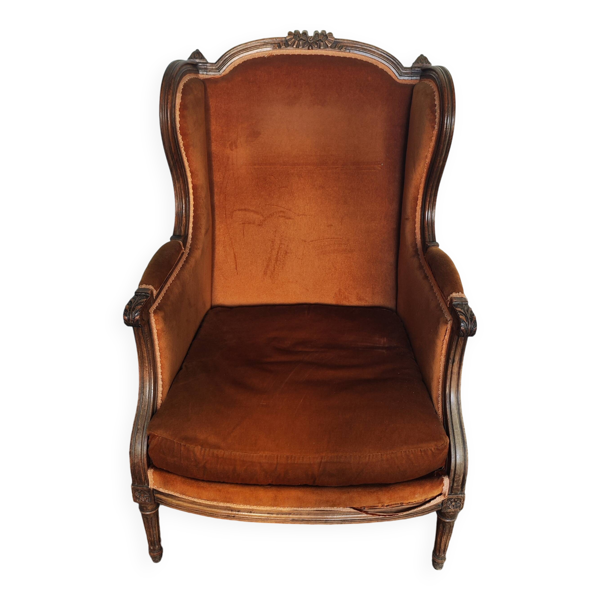 Large Louis XVI style bergère armchair in amber brown velvet
