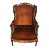 Large Louis XVI style bergère armchair in amber brown velvet