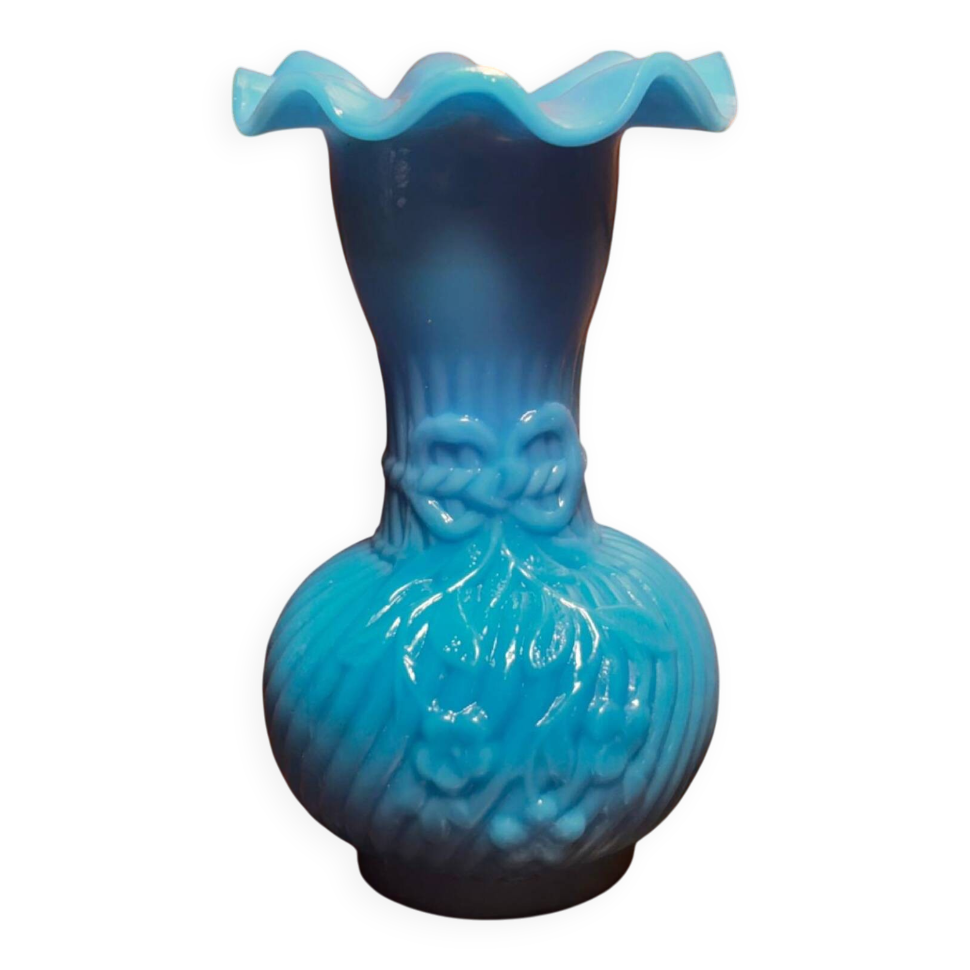 Blue opaline vase, opaque glass, wavy neck/rim, relief decoration of a bow.