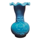 Blue opaline vase, opaque glass, wavy neck/rim, relief decoration of a bow.