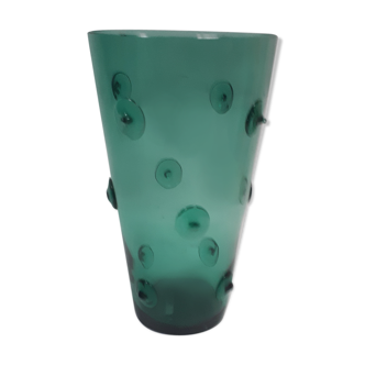 large vase glass vintage style Murano 1970 1980 green transparent relief decoration