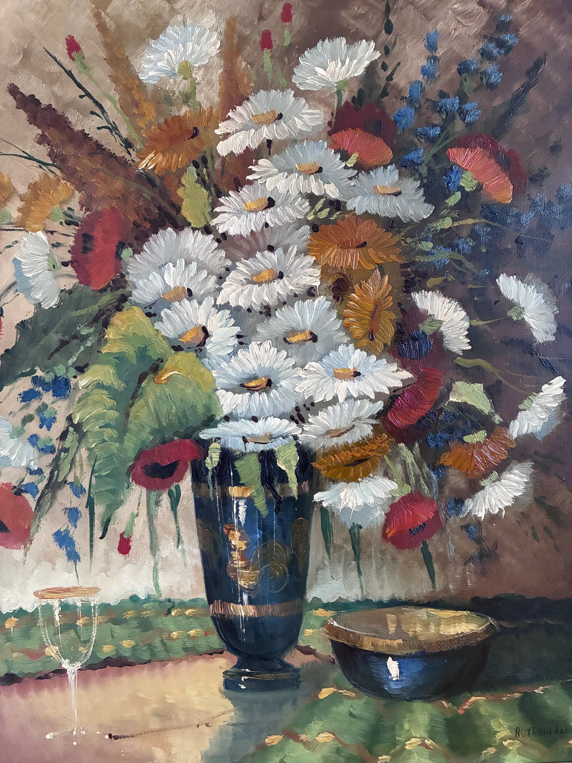 Vintage original floral oil painting with wildflowers in blue vase