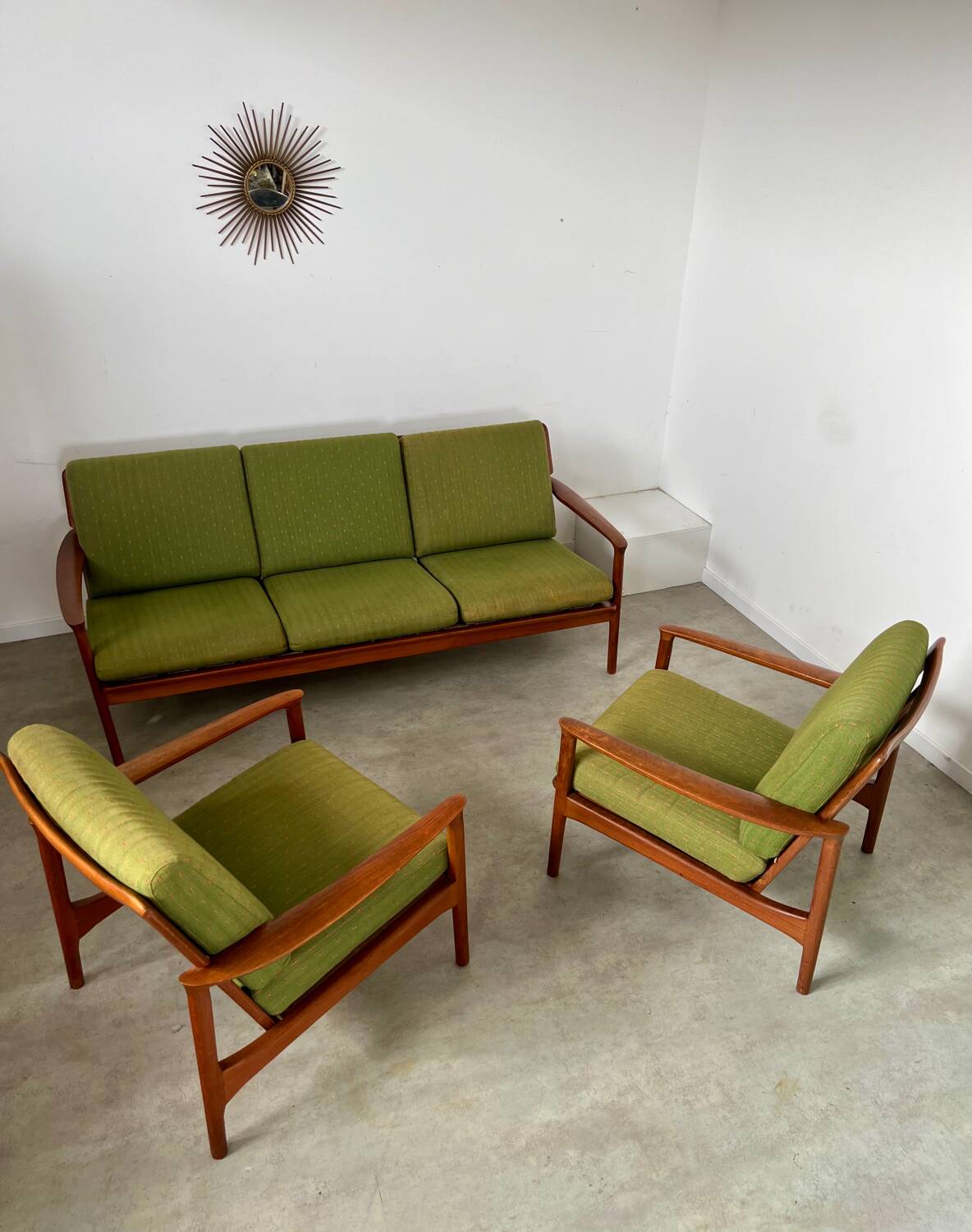 Living room set sofa armchair coffee table Scandinavian design 60s Swedish vintage teak