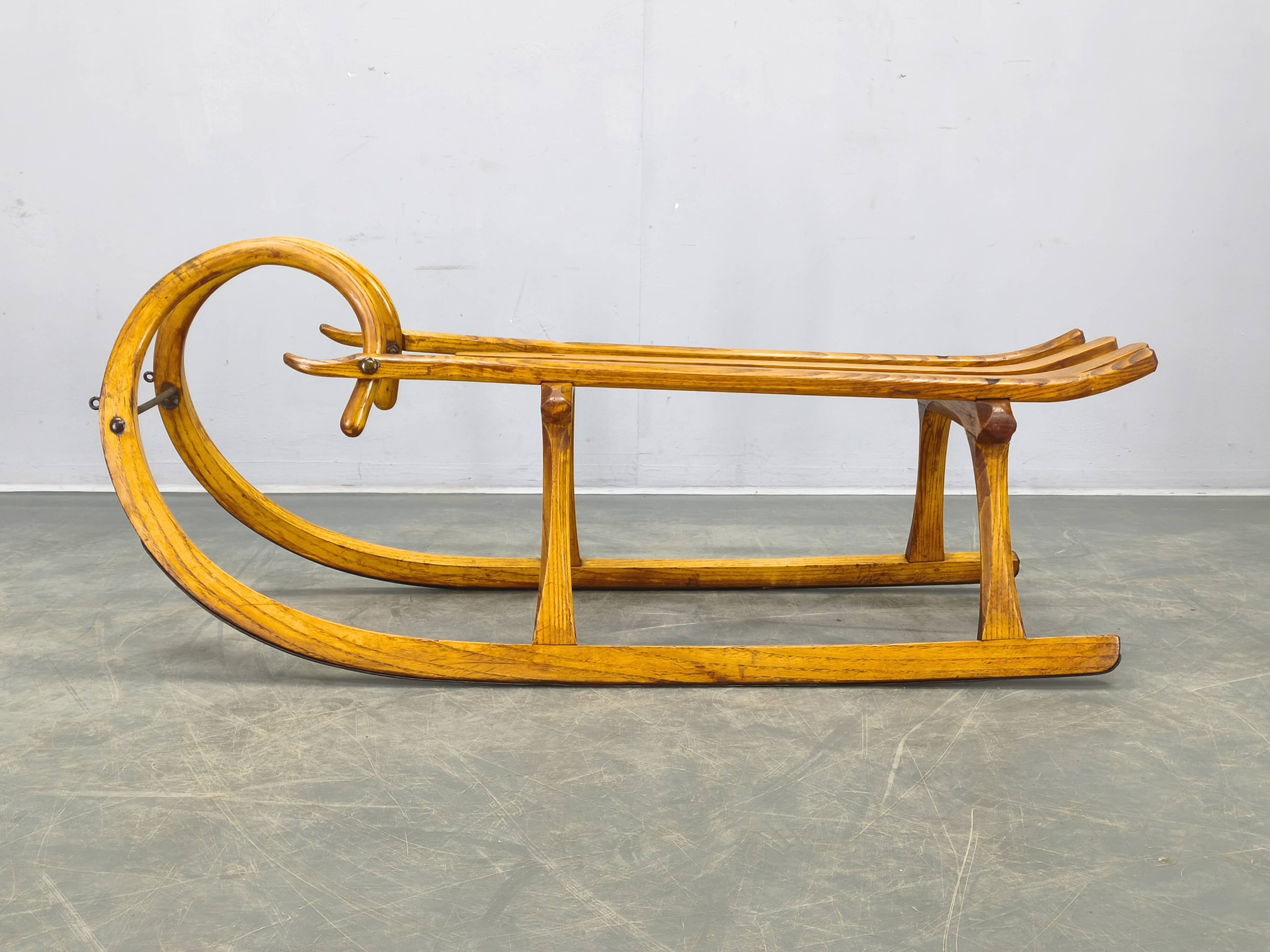 1930s Oak Wooden Sled, Czechoslovakia, Alpine Rustic Piece