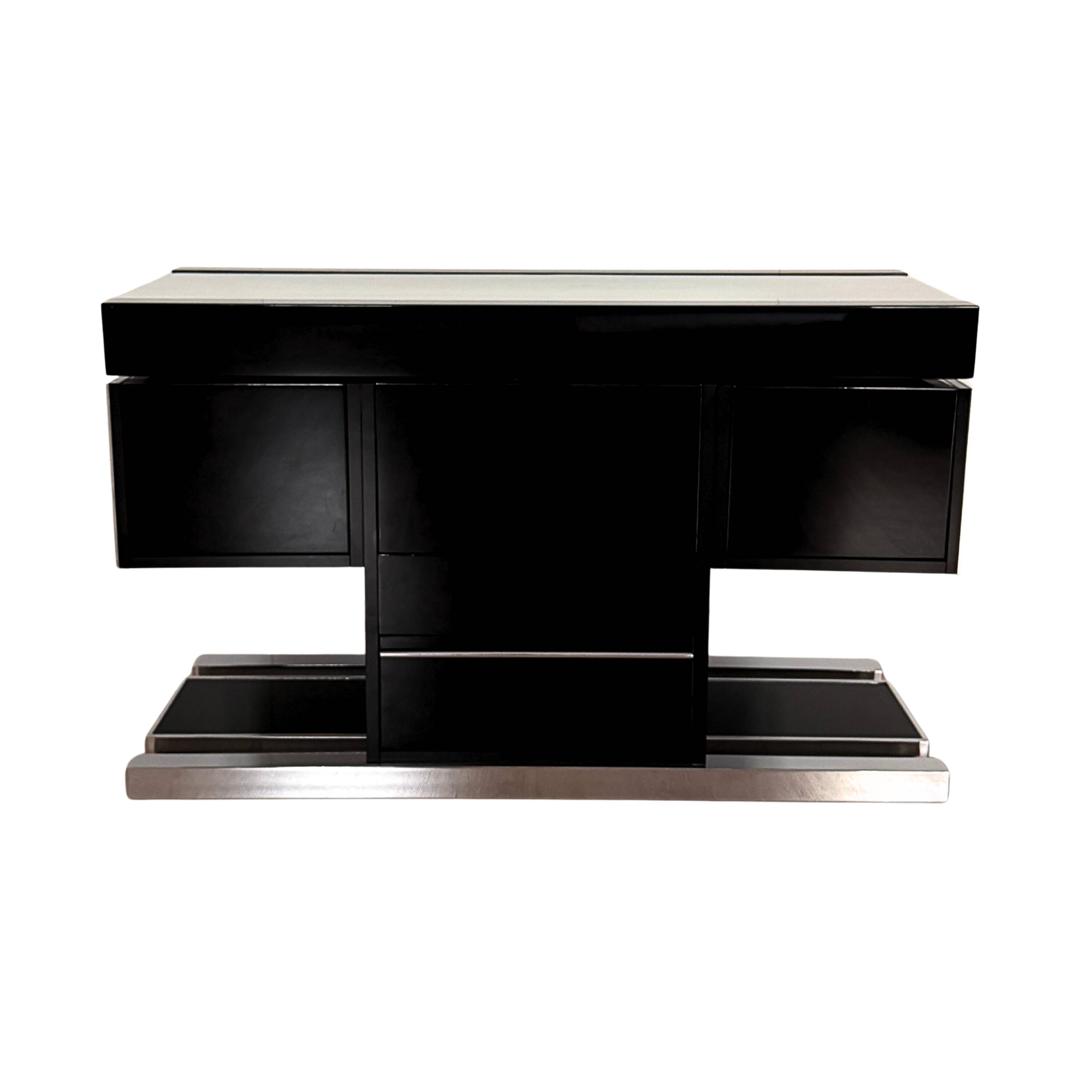 Willy Rizzo Dry Bar, Black Lacquer, Chrome, Leather, Italy circa 1970