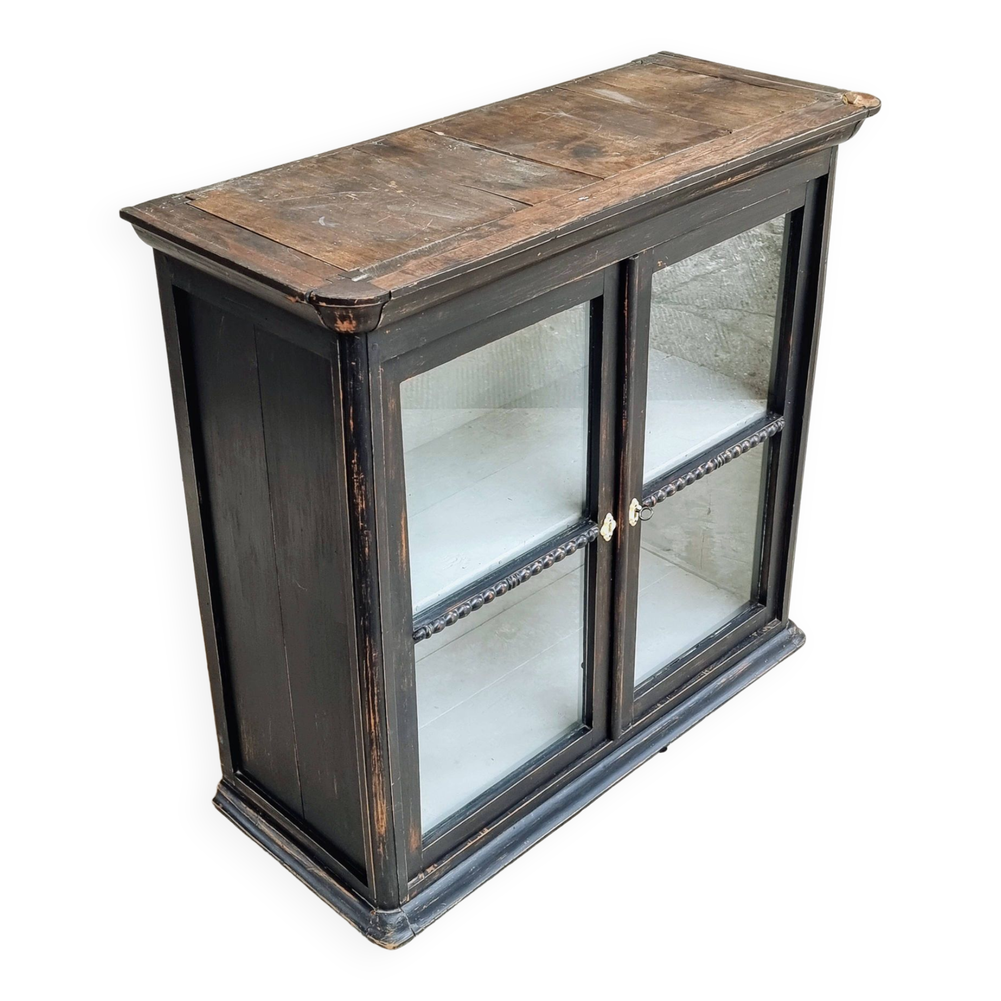 Vitrine antique, armoire suspendue, bois de pin, noir mat