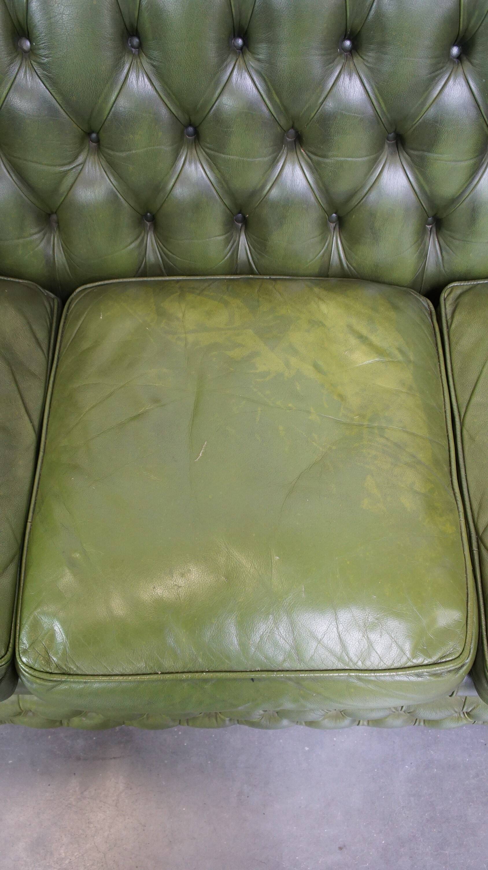 Stylish, English green cow leather spacious 2.5 seater chesterfield sofa