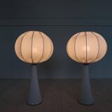 Pair of mid-century opaline glass table lamps with cotton shades by Bergboms, Sweden, 1960.