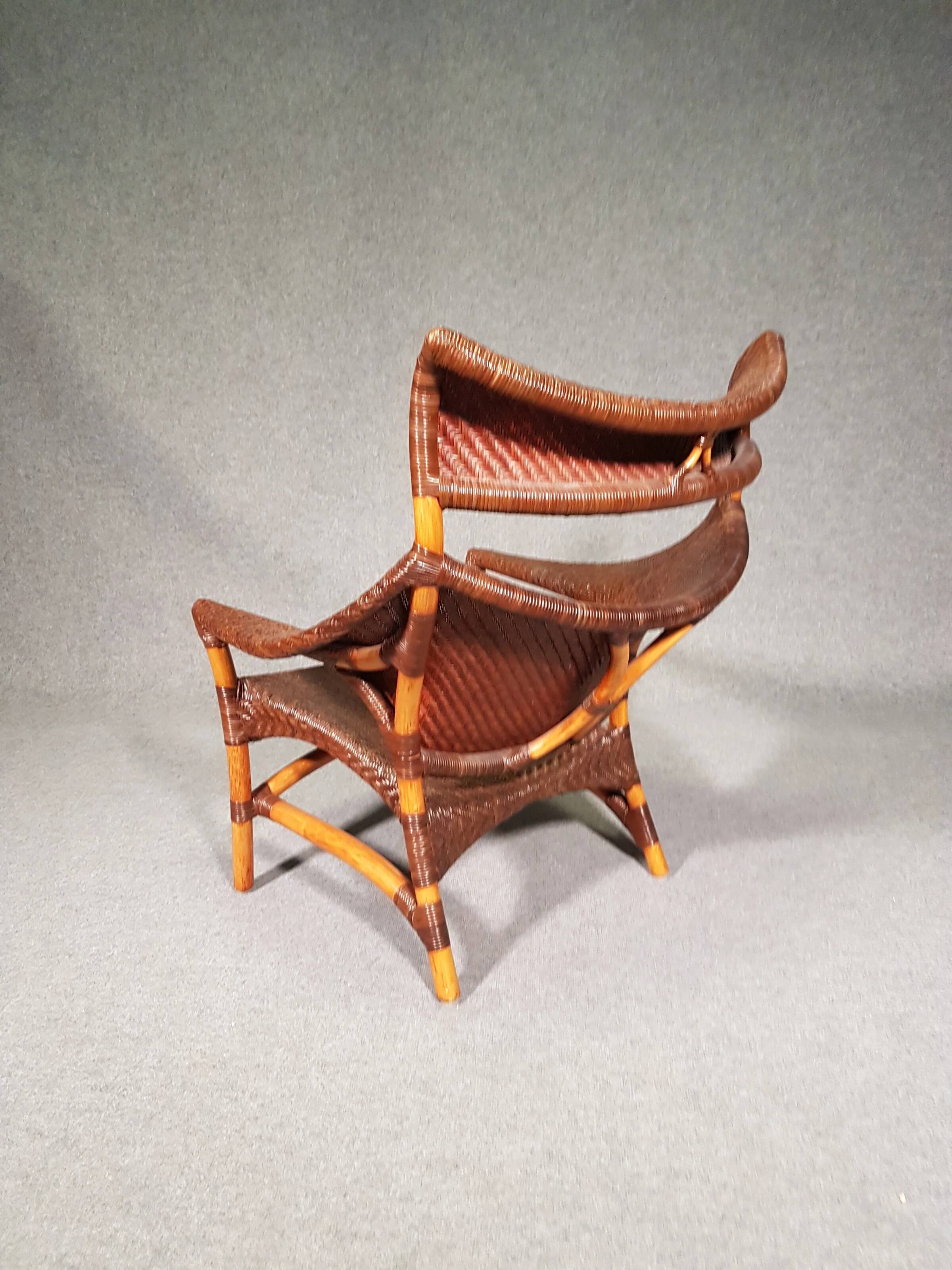 Lounge chair and footstool designed by Yuzuru Yamakawa rattan and bamboo
