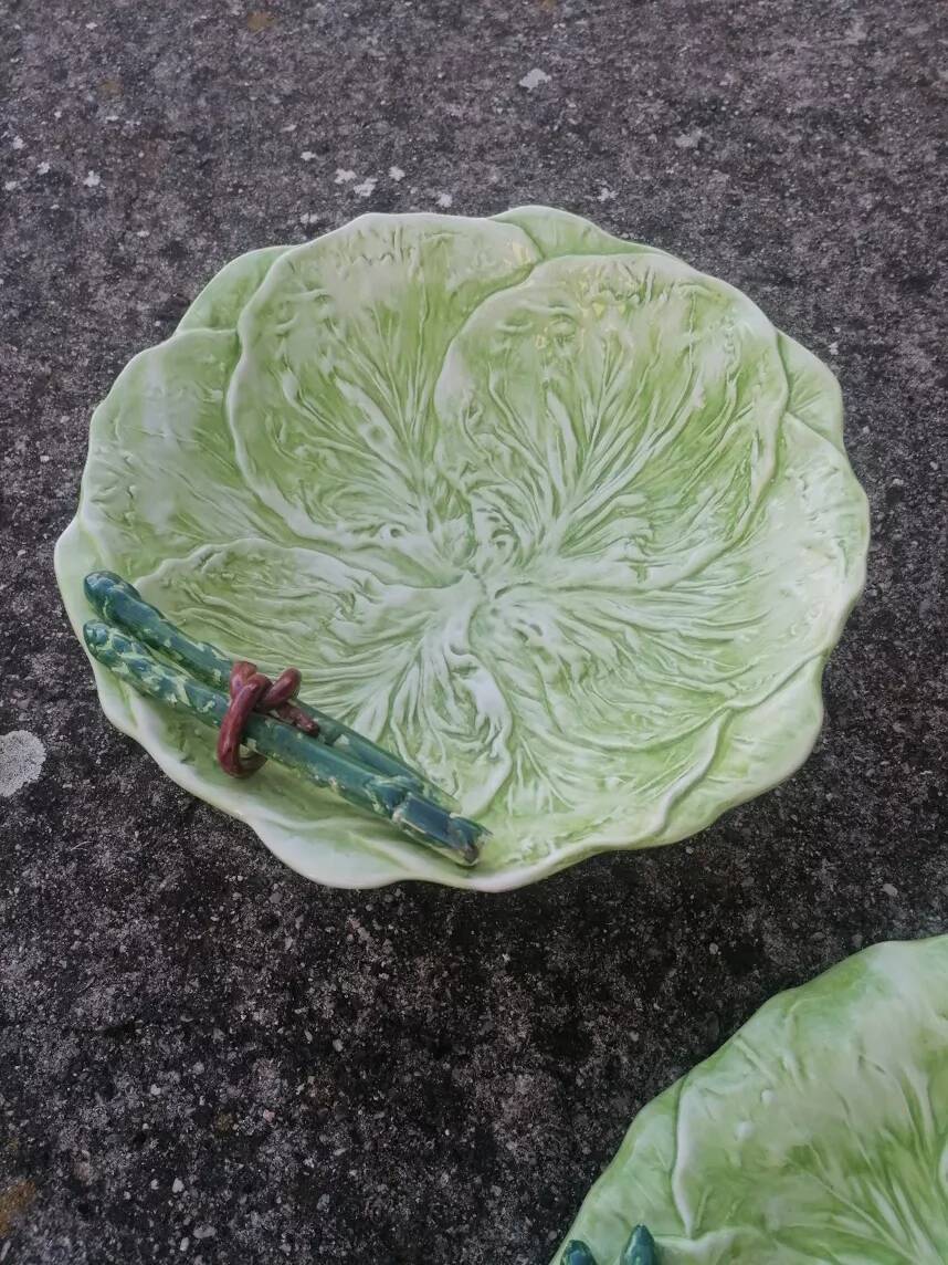 Set of 3 vintage asparagus and cabbage leaves slip dishes made in Italy