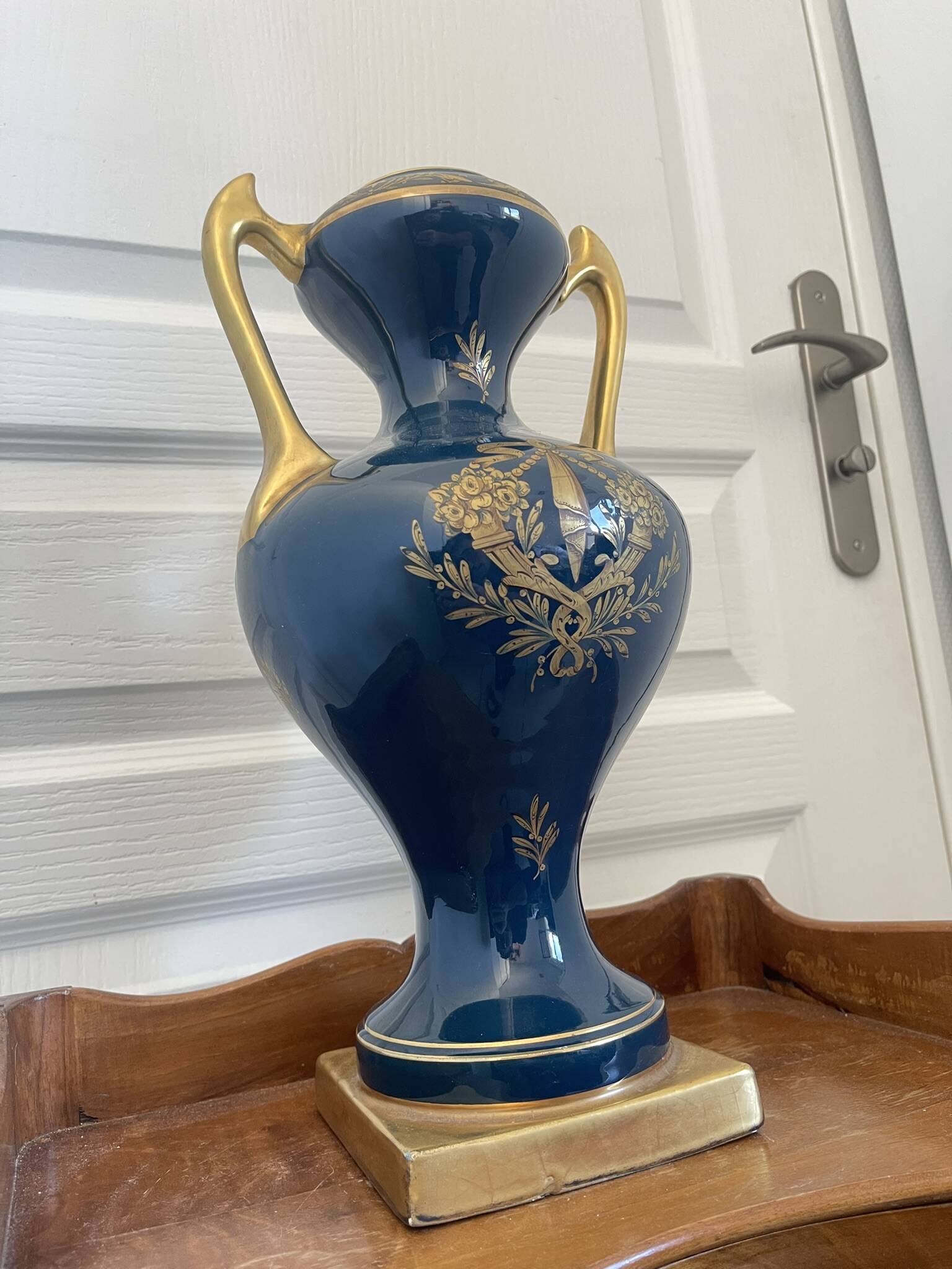Antique large empire vase blue & gold jaguet pinon 40cm 2.6kg