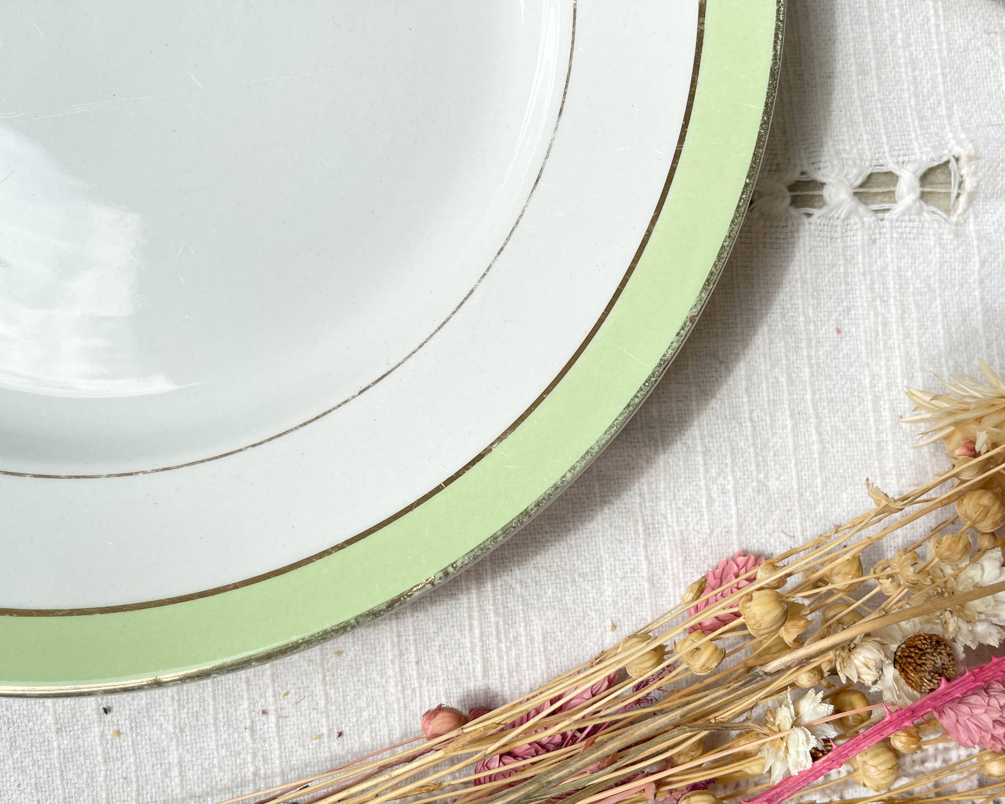 6 Vintage French Orchies "VILLARS" dinner plates 1950 white green gold