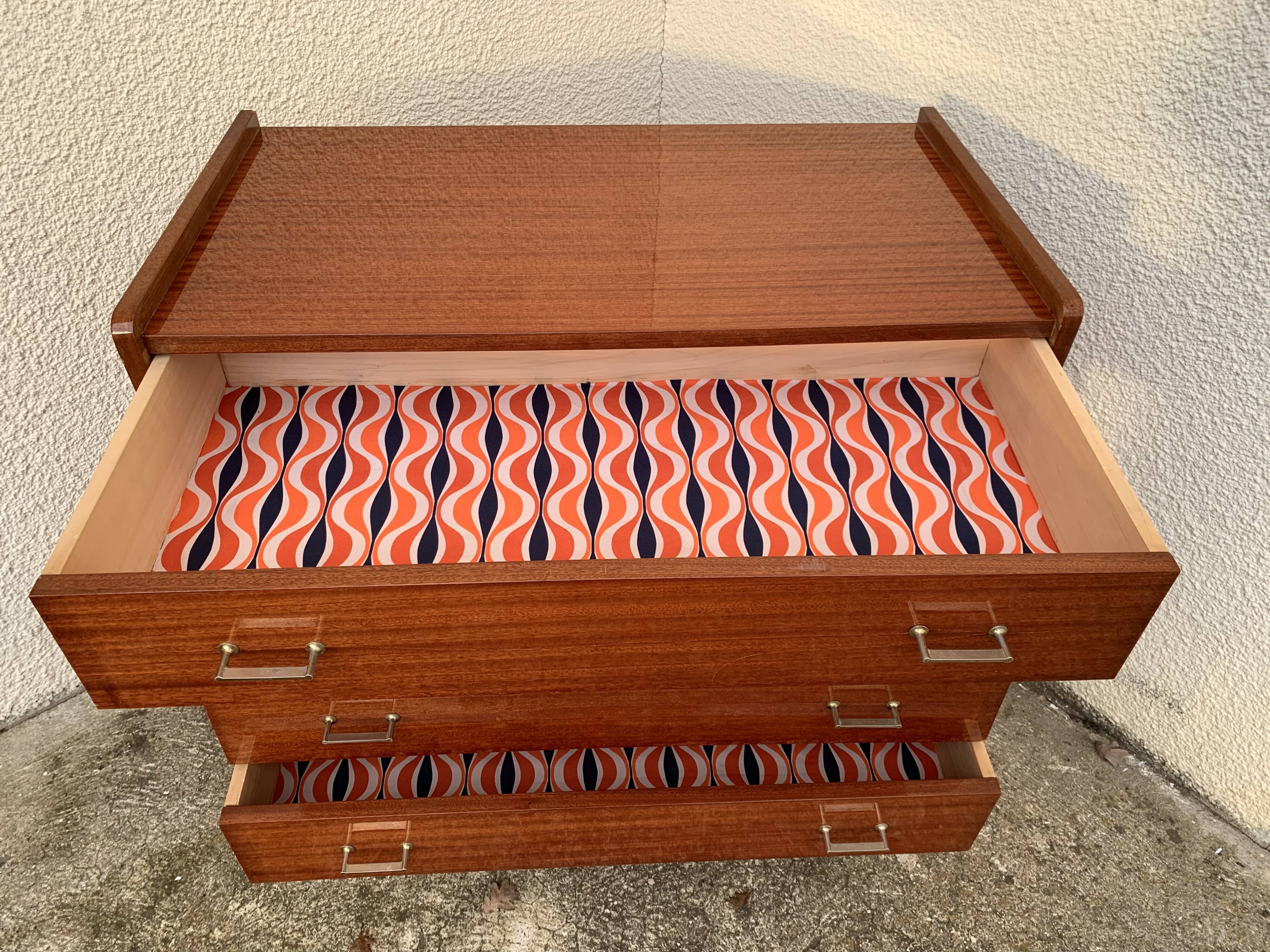 Vintage varnished teak chest of drawers 1970