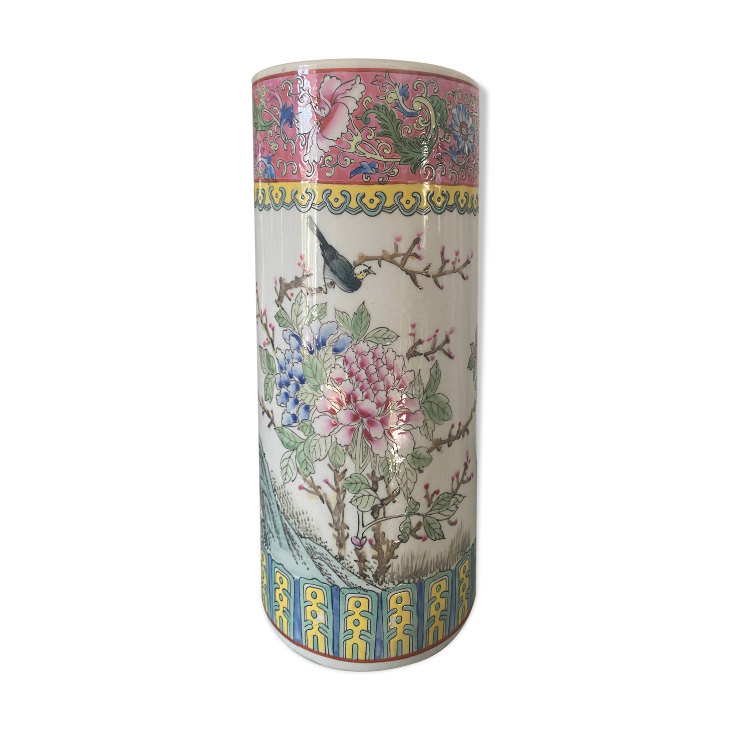 Vase enamelled ceramic roll china decorations of flowers birds Signed