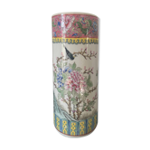 Vase rouleau céramique émaillé chine décors de fleurs oiseaux Signé