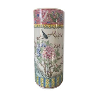 Vase rouleau céramique émaillé chine décors de fleurs oiseaux Signé