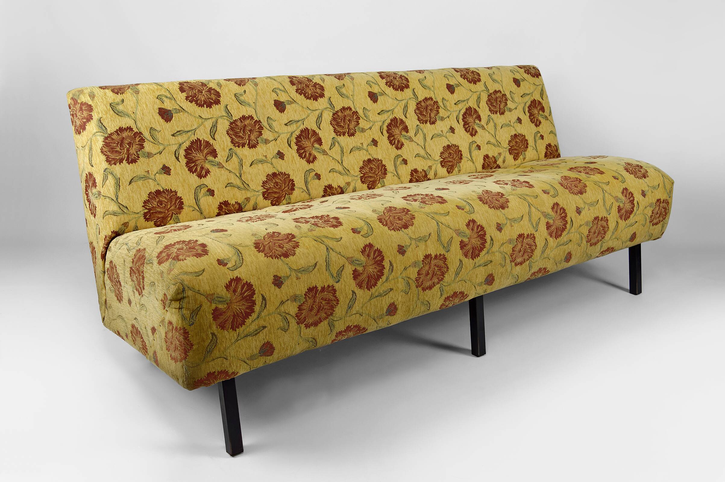 Bench with yellow and red floral fabric, France, circa 1960