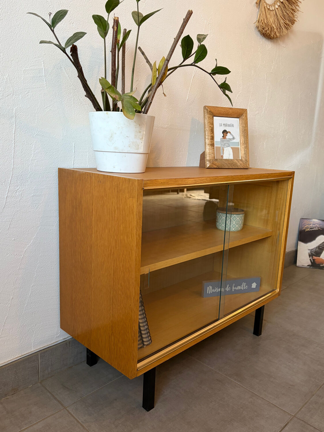Vintage oak display cabinet from the 1960s.