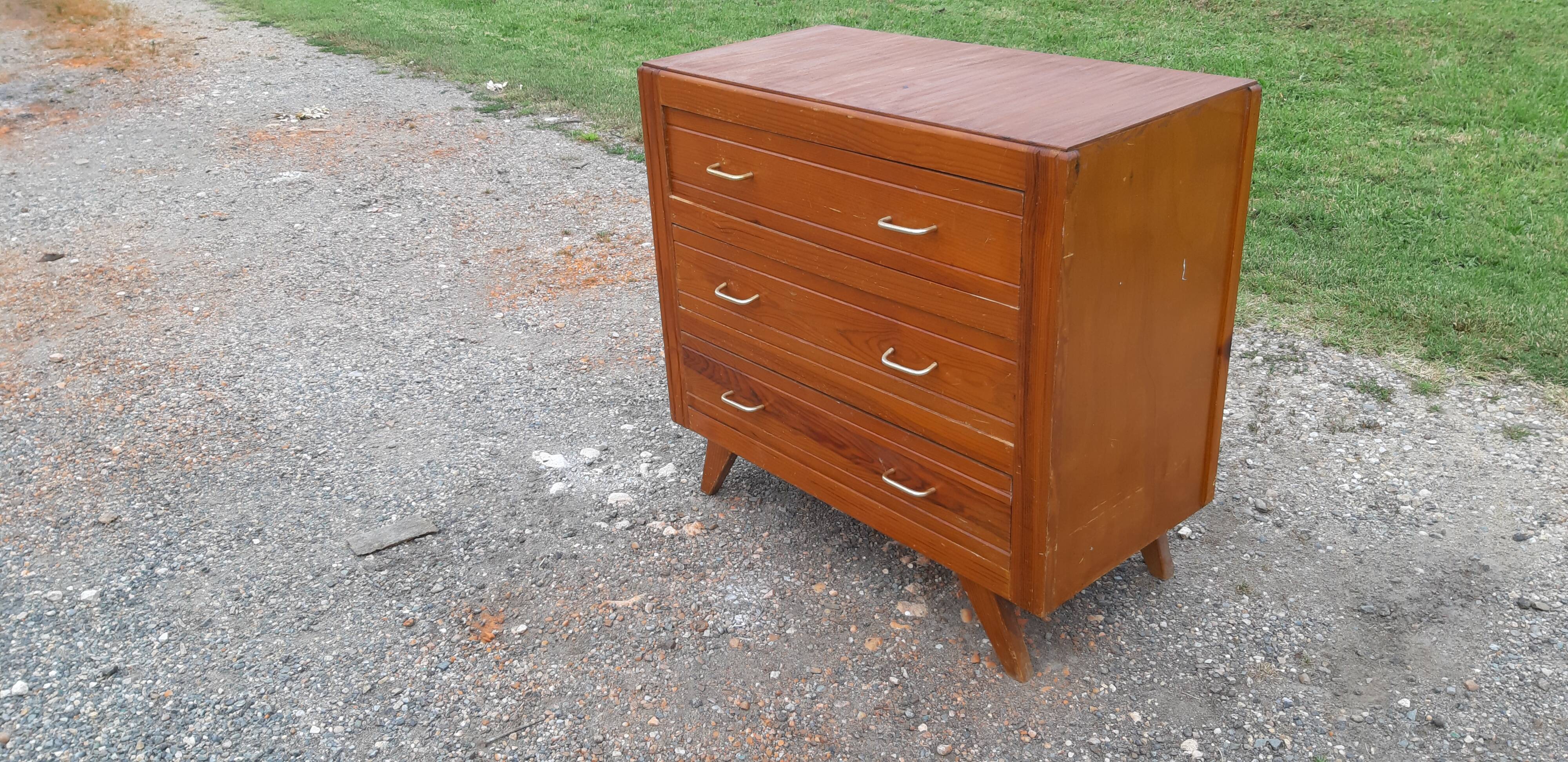 Commode vintage des années 50 en pin, pieds compas, 3 tiroirs