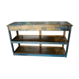 Shelf blue showcase 3 glass sides 1 side open old teak wood