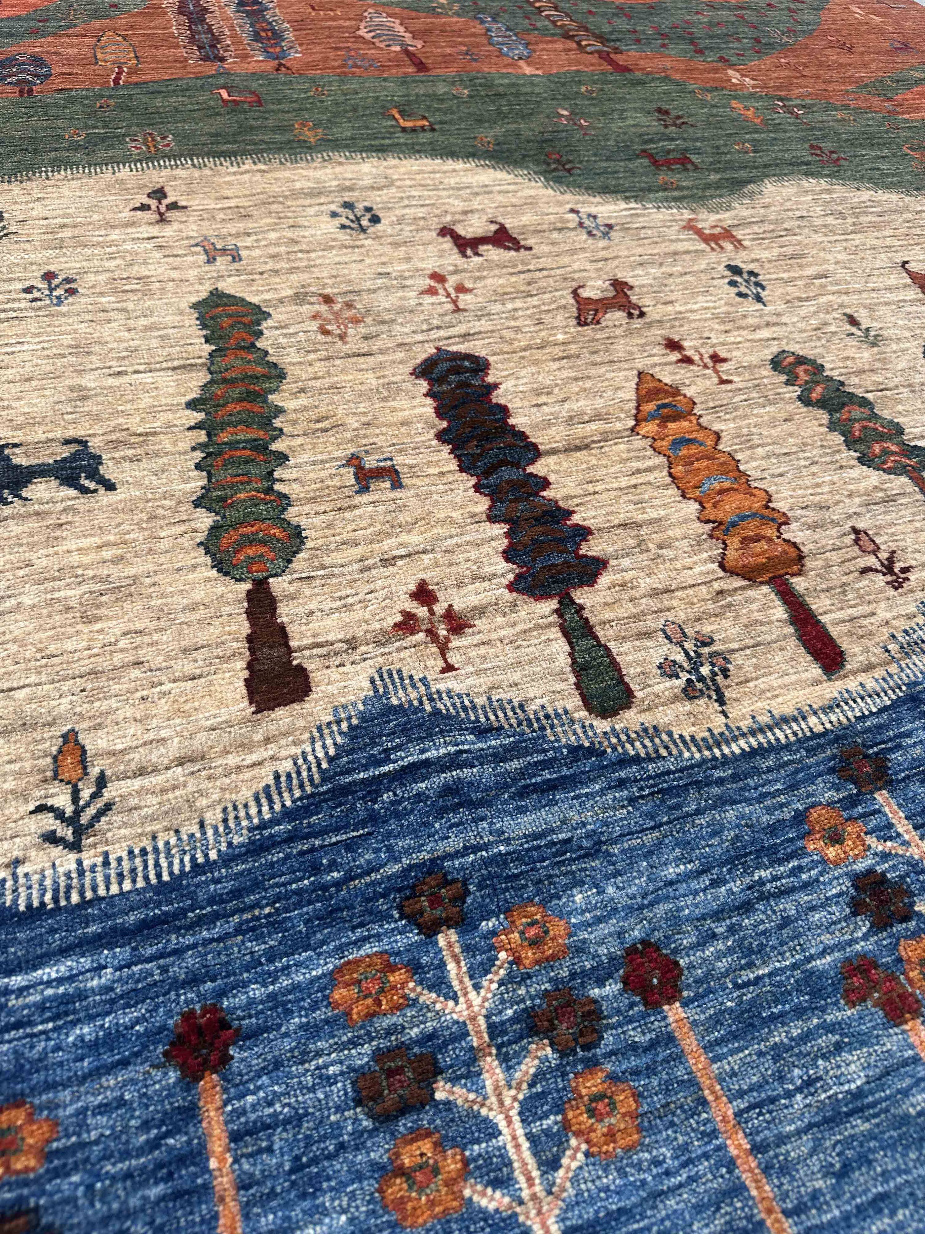 Gabbeh-Style Hand-Knotted Wool Rug with Abstract Landscape – 238×175 cm