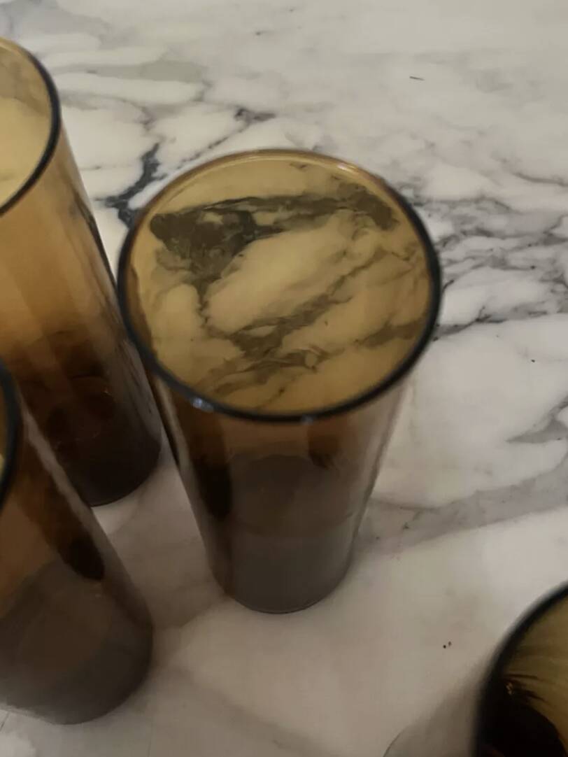 Set of 4 smoky amber brown water/orangeade glasses, France 1970.