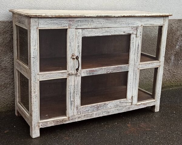 Petite vitrine ancienne en bois blanc