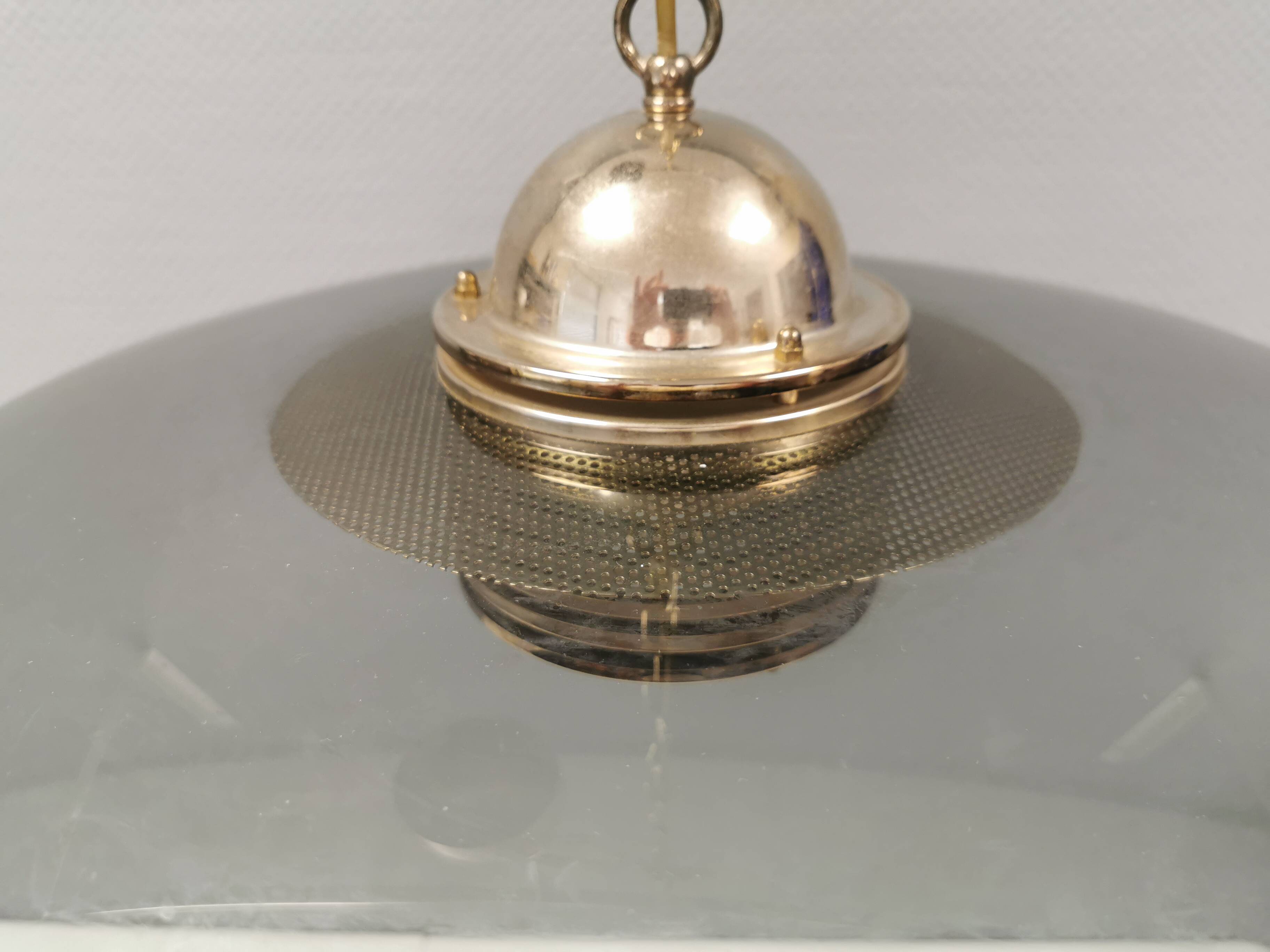 Original Belid T 391 pendant light in gold-coloured metal and smoked glass