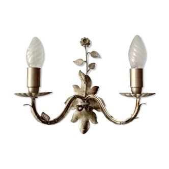 White glazed metal wall light with leaf and flower decor, 2 lights