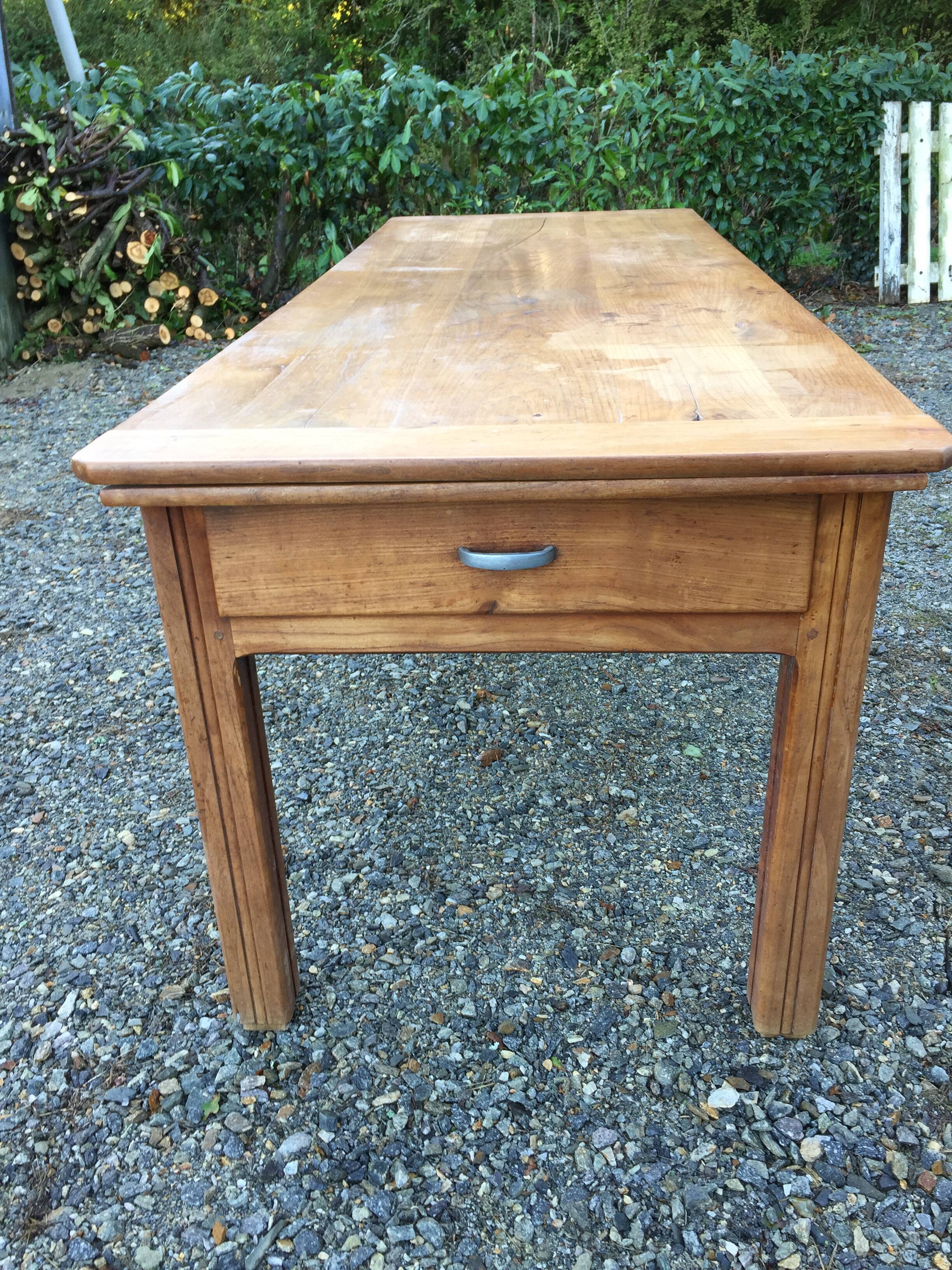 Vintage solid cherry farm table with 2 drawers and 1 bread pull.
