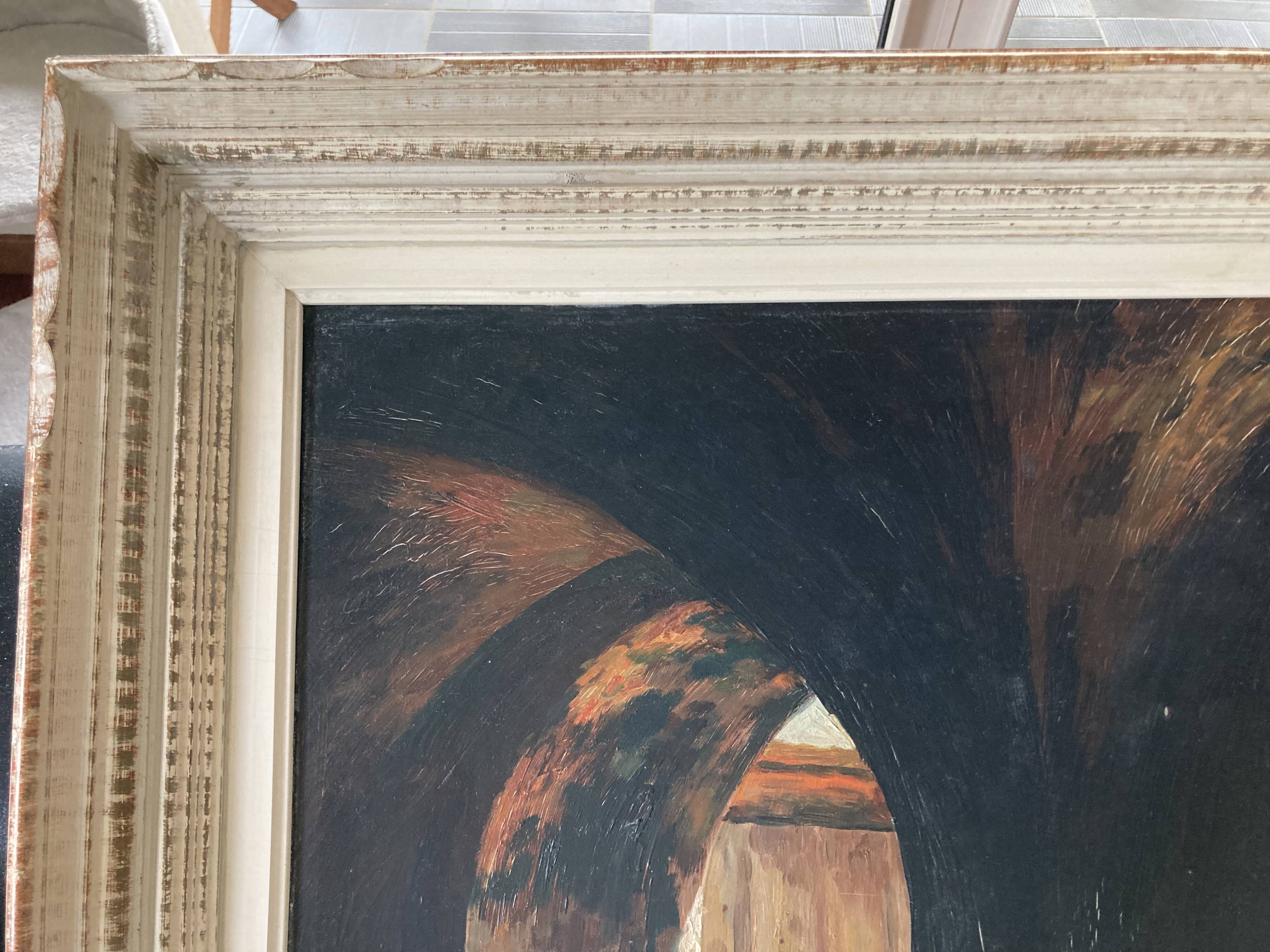 Framed oil fountain painting