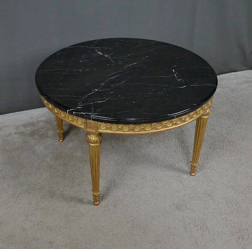 Coffee Table in Marble & Gilded Wood with Gold Leaf, Louis XVI Style – Mid 20th Century