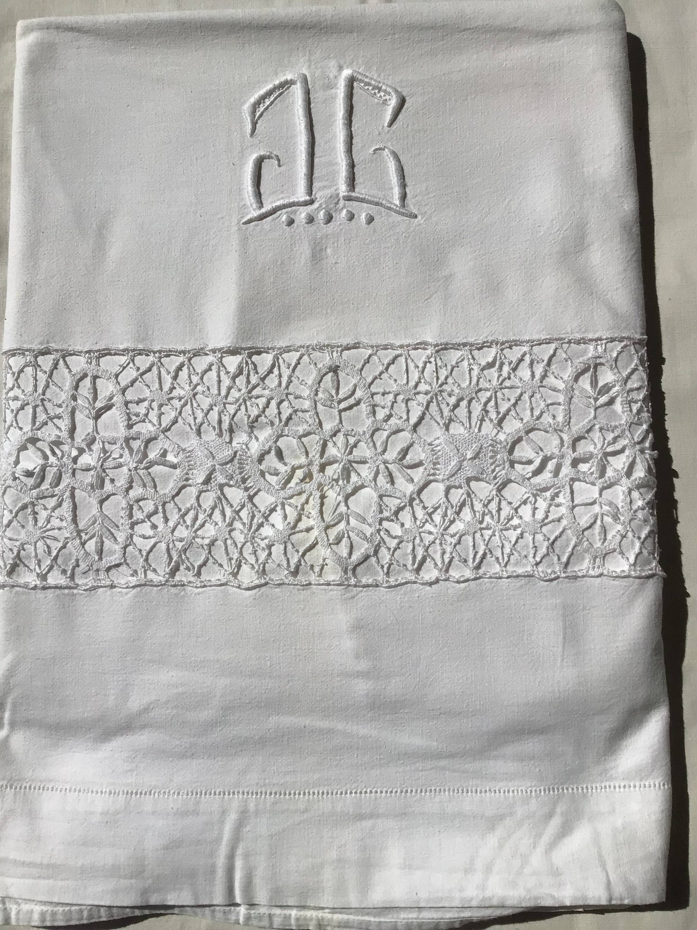 JC embroidered single sheet with crocheted lace