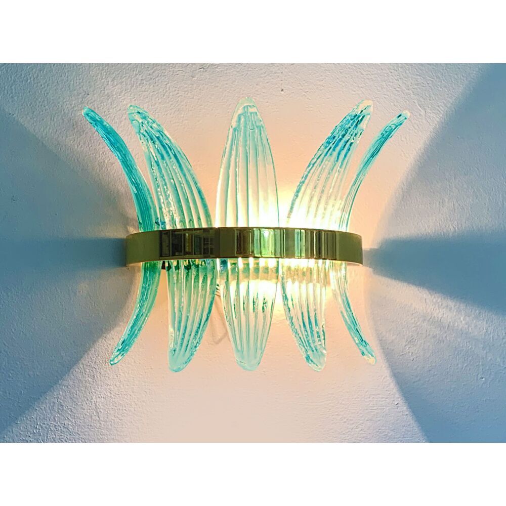 Ligh-blue “palmette” murano glass belt wall sconce