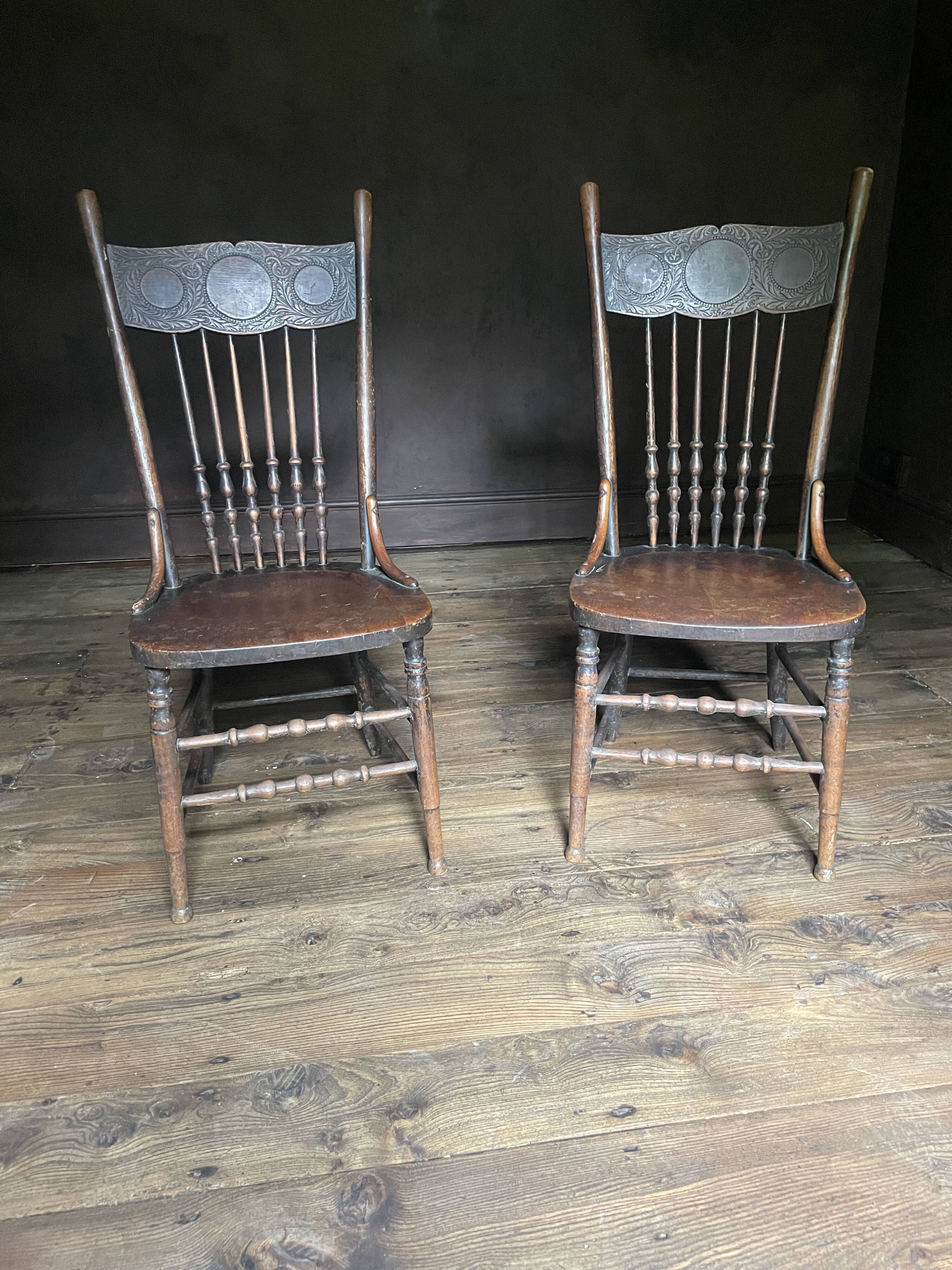Pair of Antique Country Chairs with Carved Crest Rails | Vernacular Spindle