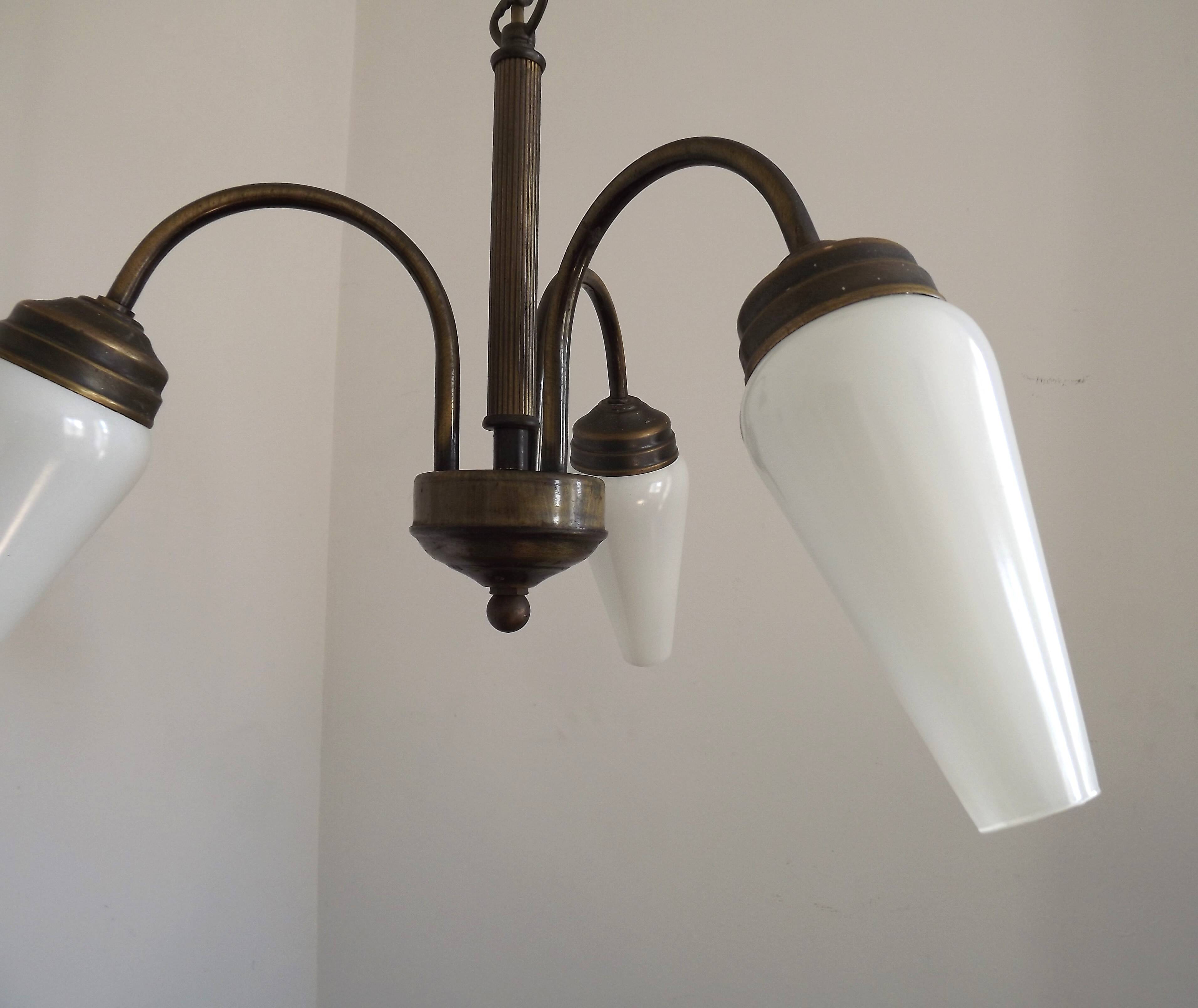 French Vintage Retro Bronze Effect Metal 3 Light Chandelier Glass Shade