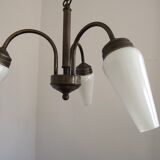 French Vintage Retro Bronze Effect Metal 3 Light Chandelier Glass Shade