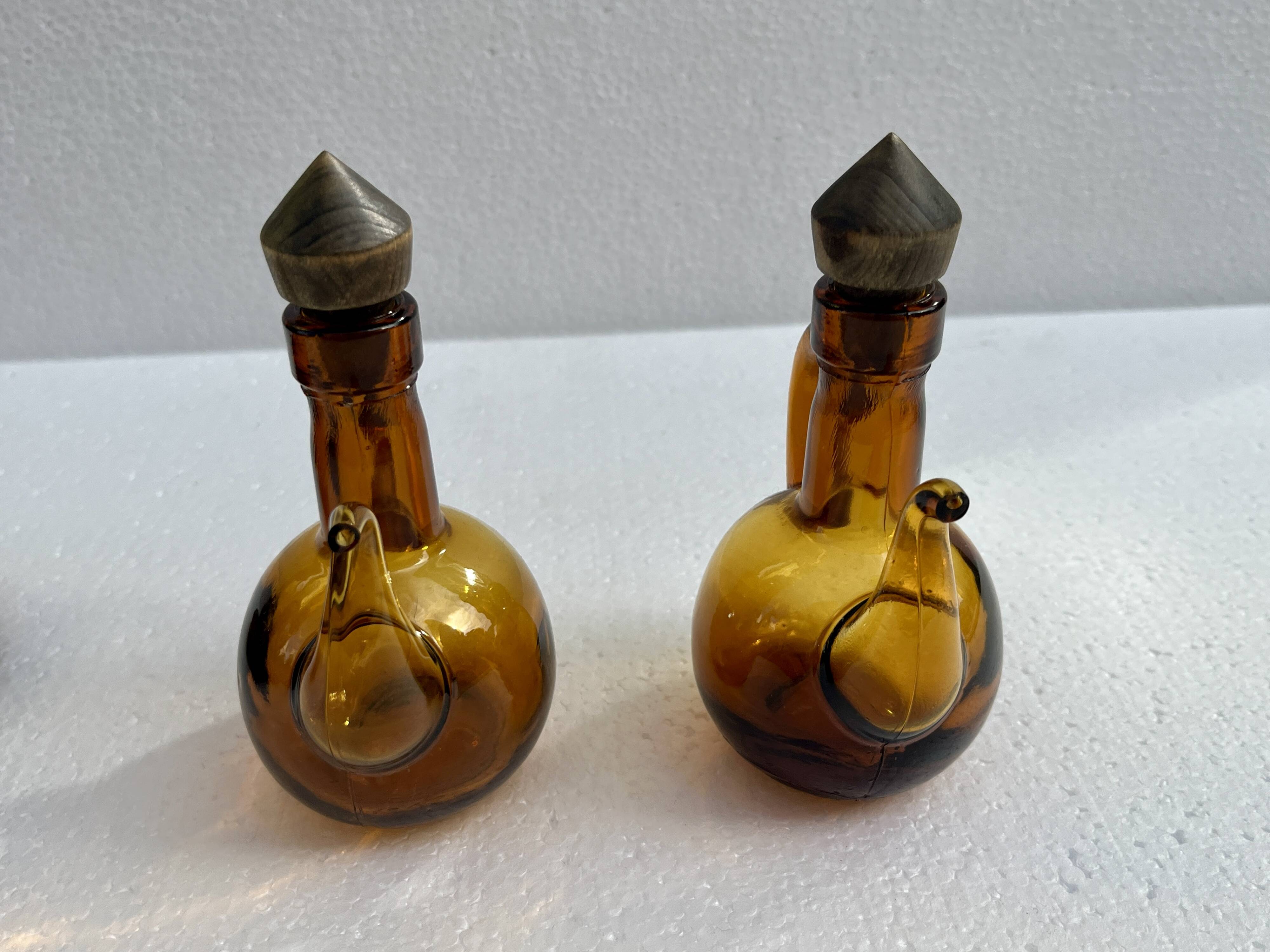 Oil and vinegar server amber glass and olive wood