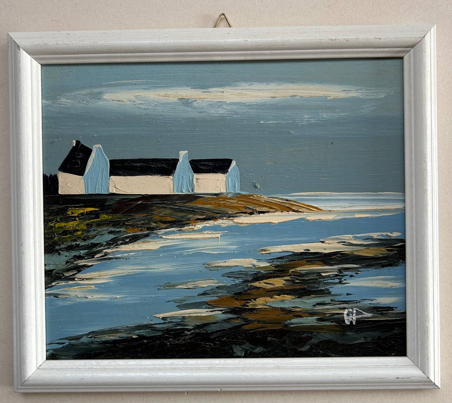 Marine bretonne, huile à couteau, Signé BP. Nouvelle série.