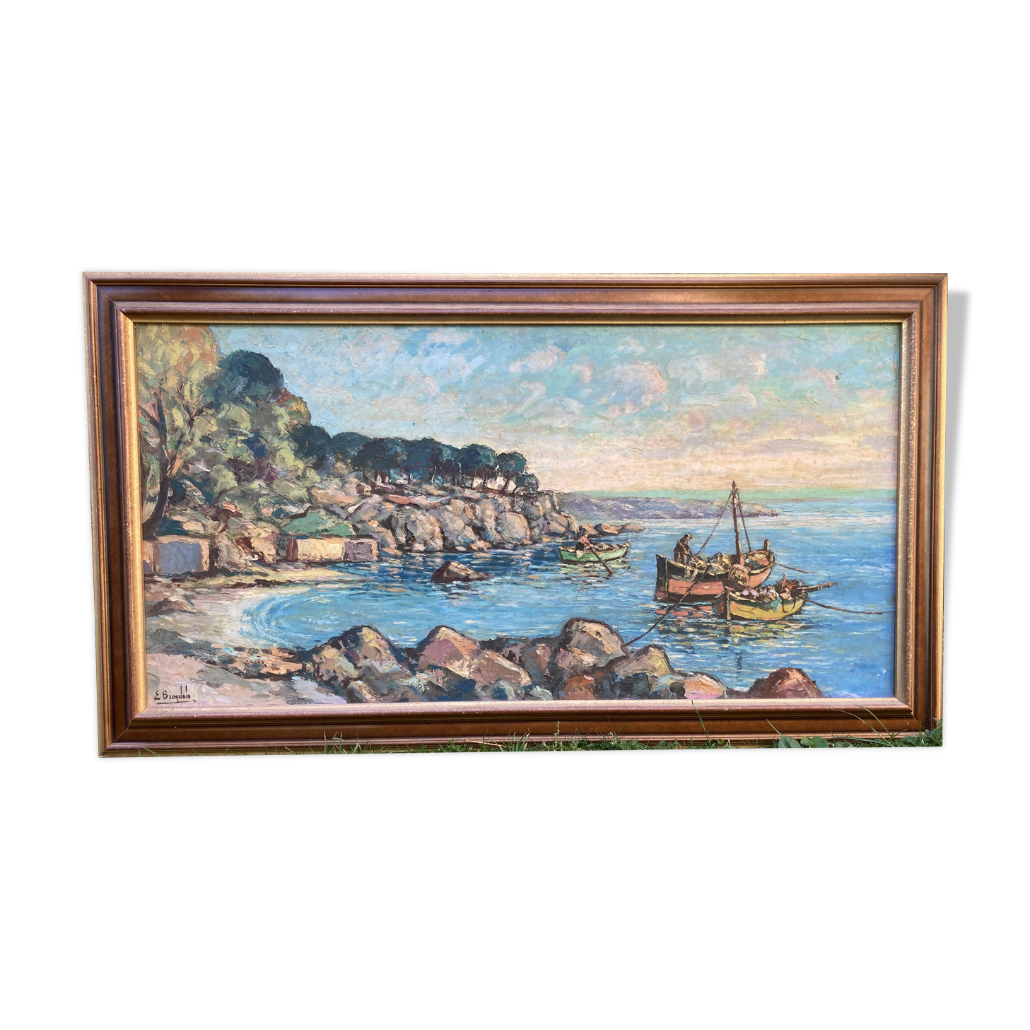 Tableau, Marine bateaux et côte rocheuse en Méditerranée